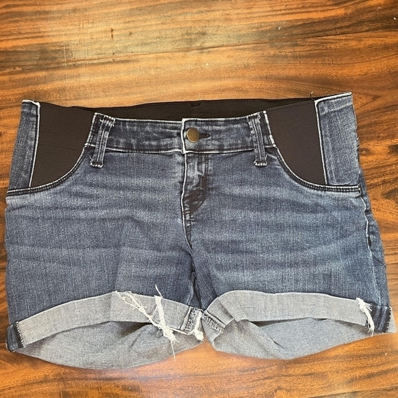 Isabel Maternity Blue Denim Midi Short Women's Size 2 Elastic Stretch Panels EUC - Picture 1 of 5